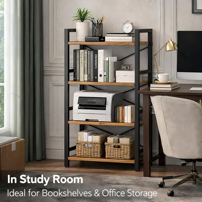 Tall Bookshelf for Small Spaces, 4-Tier Industrial Bookcase with Metal Frame and Wood Shelves, Vertical Storage Shelf for Apartments, Condos, and Small Rooms