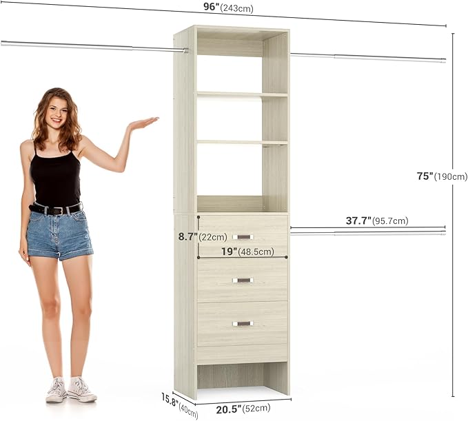96'' Closet Organizer System with 3 Hanging Rods, 8FT Closet Organizers and Storage with 3 Wooden Drawers, Built in Closet Organizer Systems, Adjustable Walk-in Wardrobe from 2-8FT, Light Oak