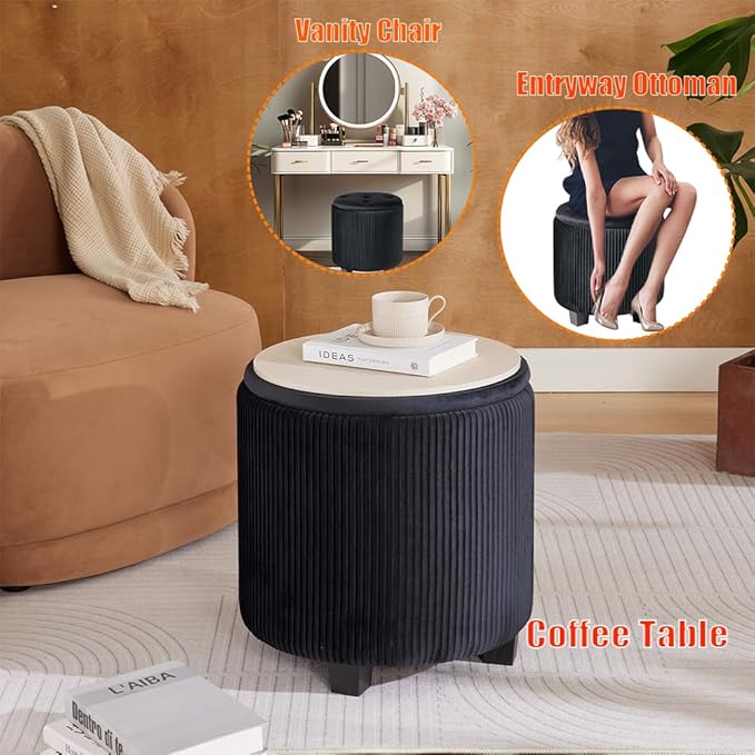 Big Round Ottoman with Storage Set of 2-Upholstered Velvet Vanity Stool for Makeup Multifunctional Foot Rest Coffee Table Padded Seat Tufted Ottomans for Living Room&Bedroom (Big Black)