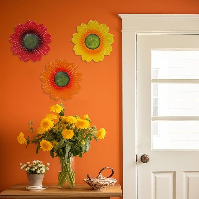 YEAHOME Sunflower Wall Decor - 9 inch Metal Flower Wall Art Decorations, Sunflower Yard Garden Decor Hanging for Kitchen, Bathroom, Bedroom,Handmade Gift for Home, Indoor or Outdoor (Set of 3)
