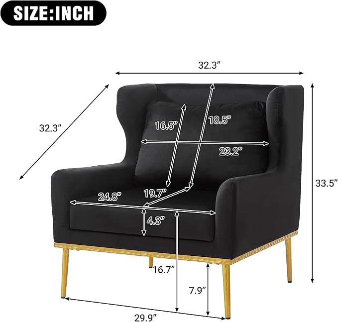 Merax Luxury Velvet Accent Chair, Modern Mid-Century Armchair for Living Room, Bedroom Reading Corner, Comfortable Tufted Single Seater Sofa Chair with Iron Legs (Black)