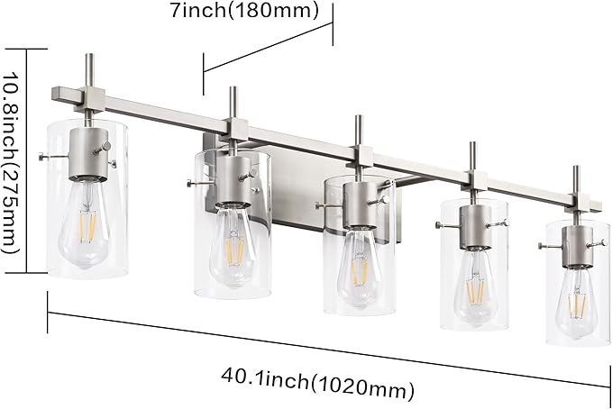 SOLFART 40.1 inch 5 Light Bathroom Vanity Light fixtures Bathroom Light Fixture Over Mirror Brushed Nickel Wall Lights with Glass Shade