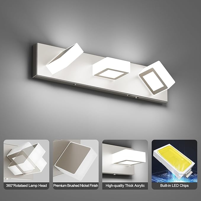 Ralbay 5 Color Temperature Brushed Nickel Bathroom Vanity Lights Dimmable Acrylic Modern LED Brushed Nickel Bathroom Wall Lighting Fixtures 3 Lights
