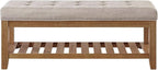 24KF Large Rectangular Upholstered Tufted Linen Fabric Ottoman Bench, Padded Bench with Solid Wood Shelf-Linen