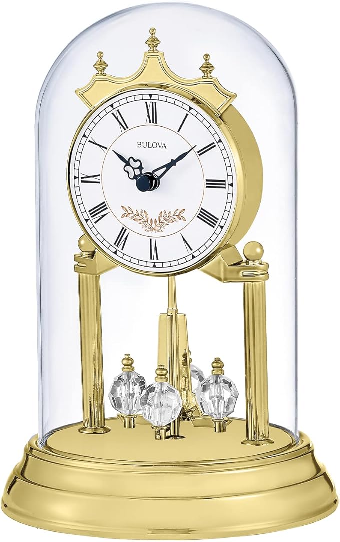 Bulova B8821 Heather Anniversary Clock | 9" Glass Dome Design | Rotating Crystal Pendulum | Westminster Chime | Engraving Plate