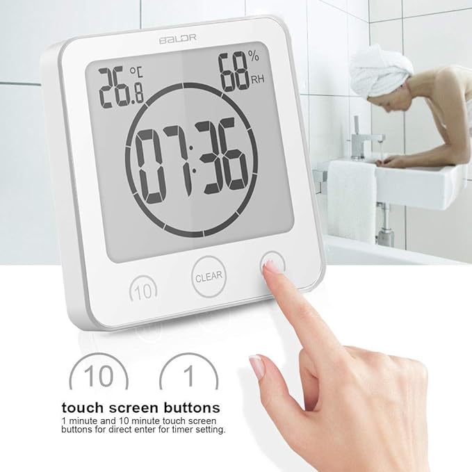 BALDR Digital Bathroom Clocks - 2 Pack Water-Resistant Shower Clock with Timer - Large LCD Display Digital Clock for Shower with Timer, Temperature and Humidity, Wall Clock for Bathroom, White