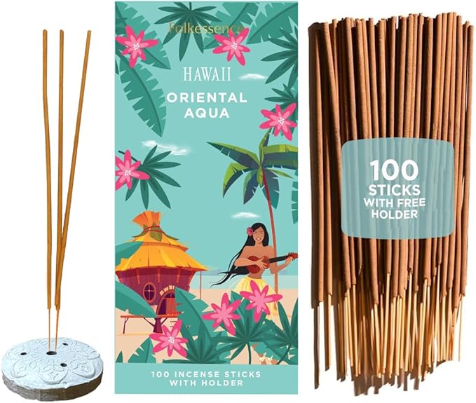 Folkulture Hawaii Incense Sticks with Holder (100 Sticks)| Premium Summer Scents Incents Stick for Aromatherapy, Relaxation | No Charcoal,Organic,Non Toxic, 45 Mins Slow Burning Insence-Sticks