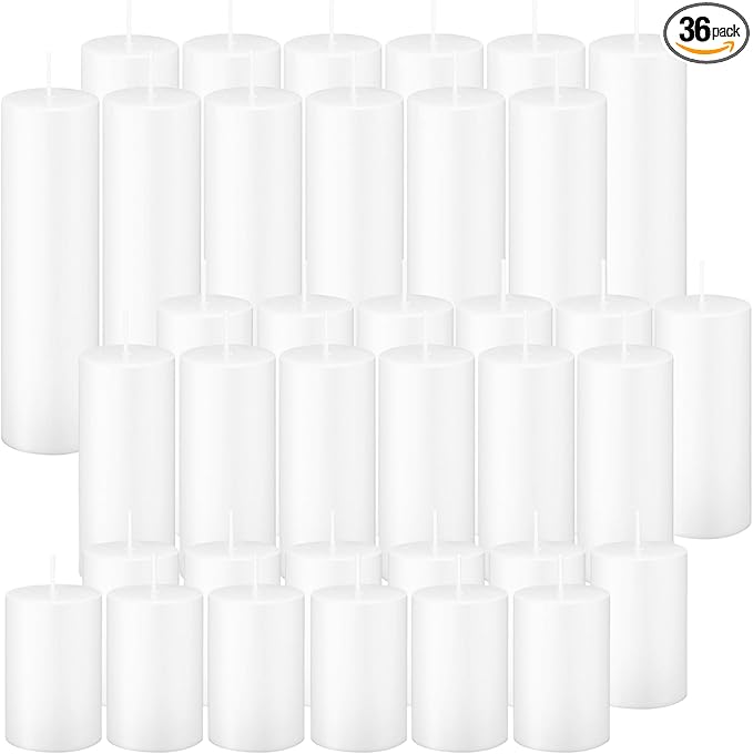 White Pillar Candles Bulk Set of 36，Hurricane Candles，3 Different Lengths 2 x 3/6/8 Inch (12 Each)，Dripless Unscented Smokeless，Gives You a Better Atmosphere When Organizing an Event Party.