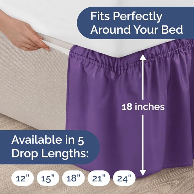 Wrap Around Dust Ruffle Bed Skirt - Purple - Twin/Twin XL Size Beds with 18 Inch Drop - Easy Fit Elastic Strap - Adjustable Pleated Bedskirt w/Brushed Fabric - Wrinkle Free - Women, Men, Kids & Teens