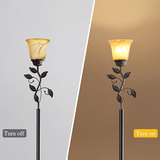 72” Flower Farmhouse Floor Lamp for Living Room, Unique Rustic Leaf Tall Standing Lamp with Amber Glass Shade and Traditional Foot Switch for Bedroom, Corner, Office, Bulb Included (Bronze)