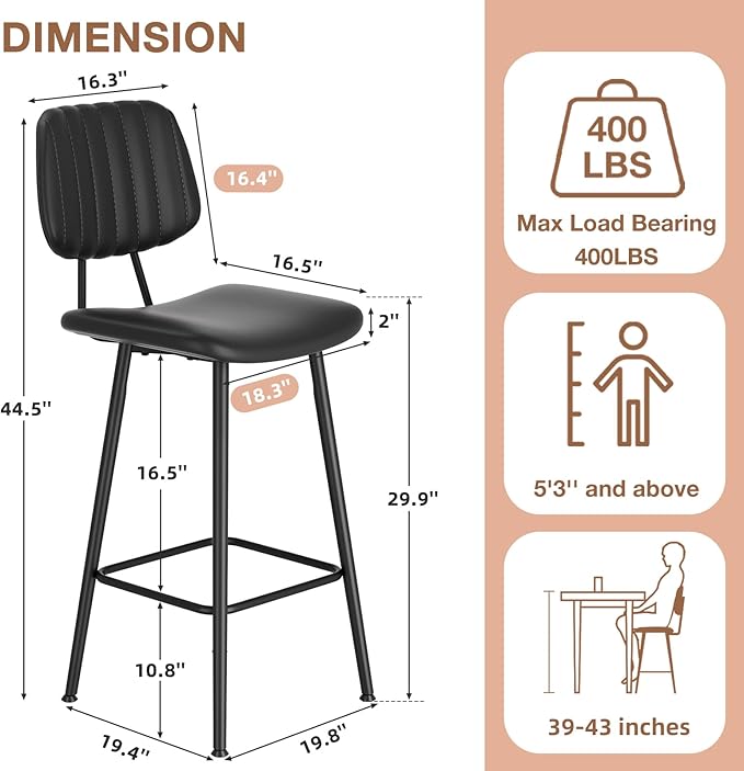 29-Inch Leather Bar Stools Set of 3, Counter Height Barstools with High Backrest，Bar Chairs for Kitchen Island with Heavy Duty Metal Legs, Black