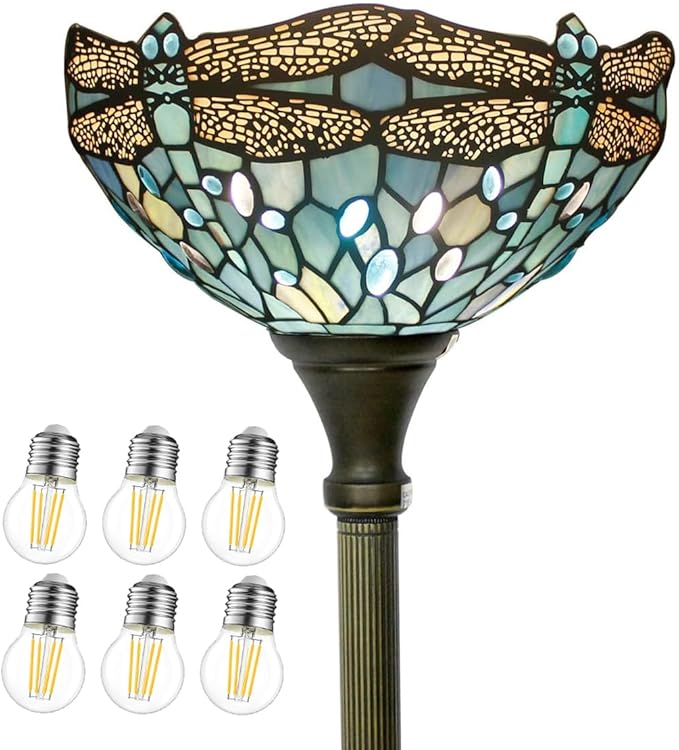 WERFACTORY Tiffany Floor Lamp Sea Blue Stained Glass Dragonfly Light 12X12X71 Inches Pole Torchiere Standing Corner Torch Uplight Decor Bedroom Living Room Home Office S147 Series