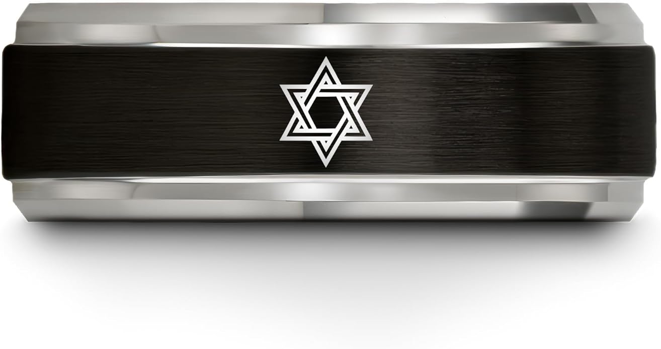 Mezuzah star Of David Ring - Gift for Jewish Family - Flat Dome Bevel - 8mm - Men Women - Yellow Gold Black Silver Blue - Anniversary Wedding - Personalized Custom Engraving - Band - Brushed Polished