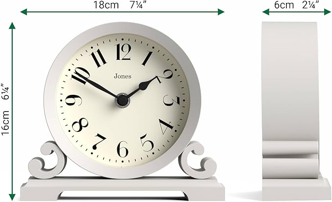 JONES CLOCKS® Saloon Mantel Clock | Traditional Double Scroll Design | Gray | Contemporary Classic Style for Desk, Table, Shelf or Bedside