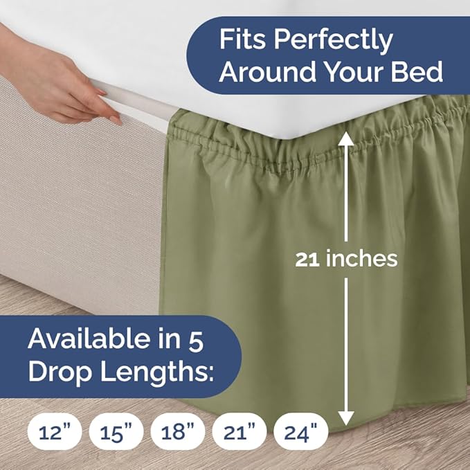 Wrap Around Dust Ruffle Bed Skirt - Sage Green - for Queen Size Beds with 21 Inch Drop - Elastic Strap - Adjustable Pleated Bedskirt with Brushed Fabric and Wrinkle Free - For Women, Men, Kids & Teens