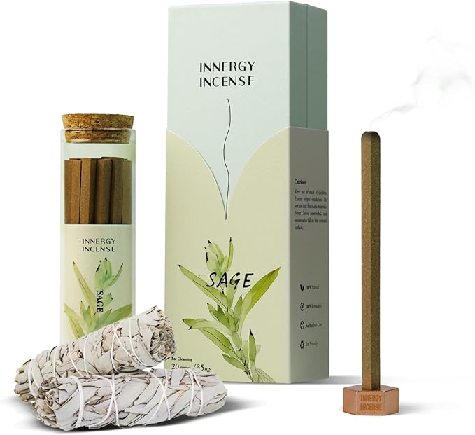 Space Cleansing - Innergy White Sage Incense Sticks, Natural Spiritual Housewarming Gift Set, Reset & Refresh Aroma for New Year