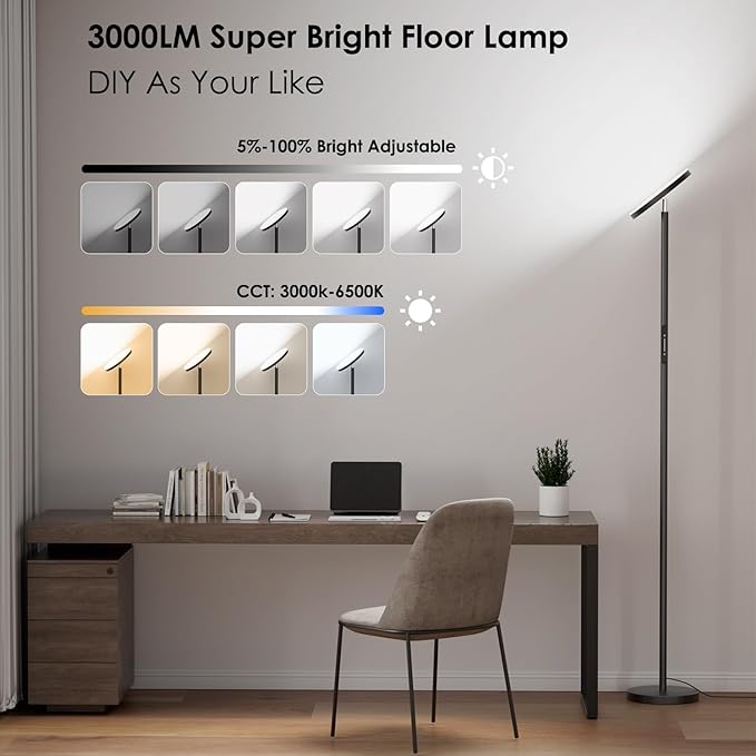 Upgraded Floor Lamps for Living Room, 32W 3000LM Super Bright LED Torchiere Floor Lamp with Remote & Touch Control, 69" Dimmable Tall Standing Lamp with 350°Rotating Head for Reading Office Bedroom