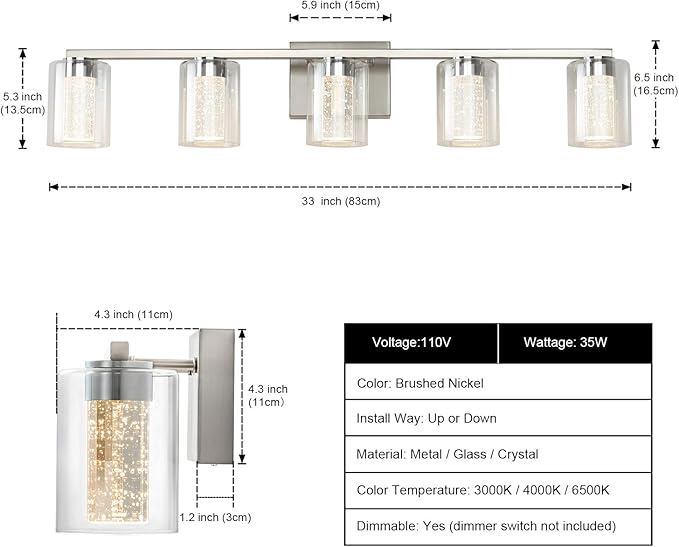 SineRise 5-Light Brushed Nickel Vanity Light with 3 Color Modes (3000K/4000K/6000K), Eye Protection LED Bathroom Light Fixture, Dimmable Modern Wall Light Over Mirror with Clear Glass Shade
