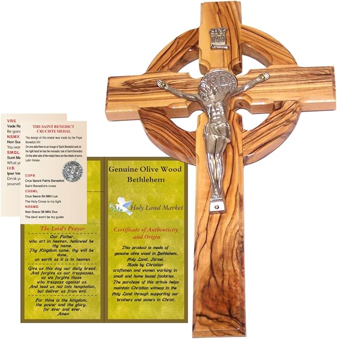 Holy Land Market 10" Celtic Olive Wood Wall Crucifix – Handmade in Bethlehem with Metal Saint Benedict Medal (Front & Back), Certificate, Prayer Card & Medal Explanation – Solid Olive Wood Cross