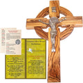 Holy Land Market 10" Celtic Olive Wood Wall Crucifix – Handmade in Bethlehem with Metal Saint Benedict Medal (Front & Back), Certificate, Prayer Card & Medal Explanation – Solid Olive Wood Cross