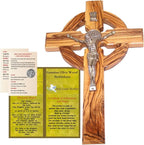 Holy Land Market 10" Celtic Olive Wood Wall Crucifix – Handmade in Bethlehem with Metal Saint Benedict Medal (Front & Back), Certificate, Prayer Card & Medal Explanation – Solid Olive Wood Cross
