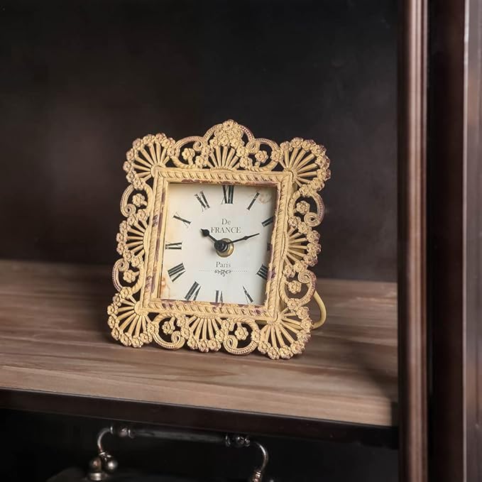 NIKKY HOME Vintage Table Clock, Shabby Chic Decorative Pewter Desk Clock Battery Operated for Living Room Bathroom Shelf, Yellow
