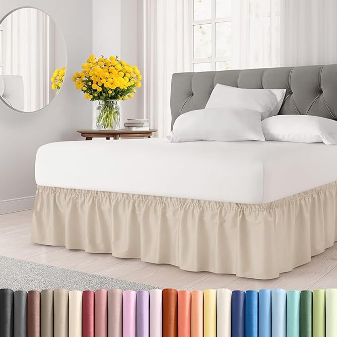 Wrap Around Dust Ruffle Bed Skirt - Wheat - Twin/Twin XL Size Beds w/ 12 Inch Drop - Easy Fit Elastic Strap - Adjustable Pleated Bedskirt w/Brushed Fabric - Wrinkle Free - Women, Men, Kids & Teens