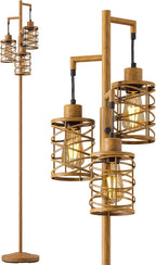 Oneach 70" Industrial Floor Lamp, Stepless Dimmable Standing Lamp with 3 Bulbs, Farmhouse Corner Standing Tree Lamp for Living Room, Tall Lamps for Bedroom, Office, Study Room, Dining Room, Wood Grain