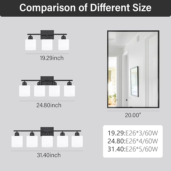 5-Light Black Bathroom Vanity Light, Black Vanity Light with Milky White Frosted Glass Shades, Modern Vanity Light Fixture for Bathroom Mirror, Bedroom, Living Room, Hallway, Vanity Table, E26 Base