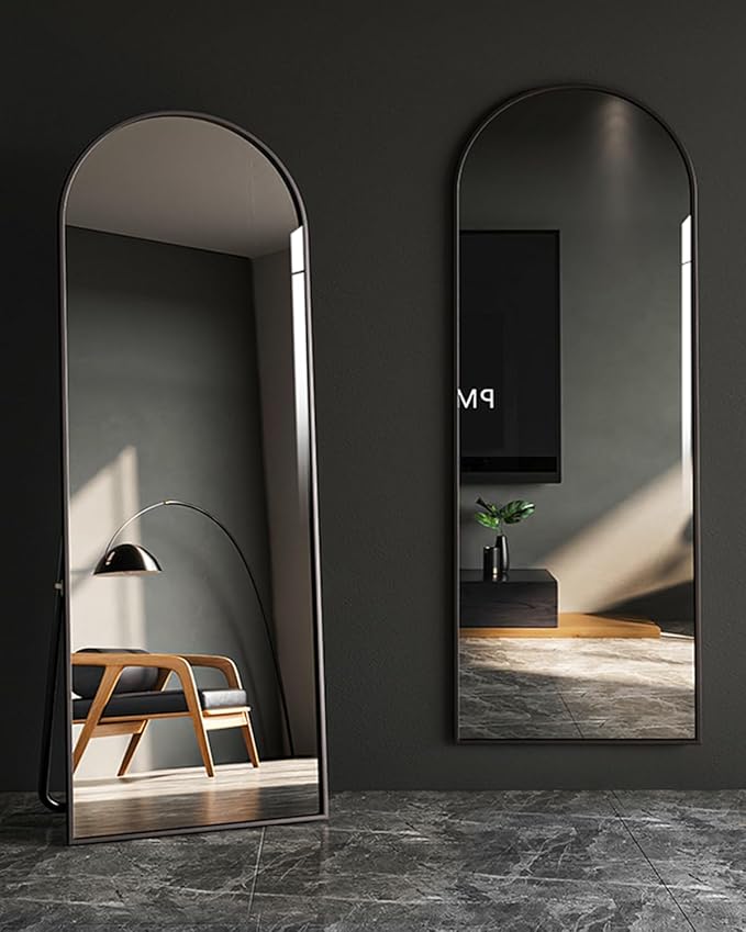 Arched Full Length Mirror, Floor Mirror with Stand, 64"x21" Large Mirror, Wall Mirror Full Length, Black Floor Length Mirror, Body Floor Mirror, Wall Mounted Mirror for Bedroom, Black