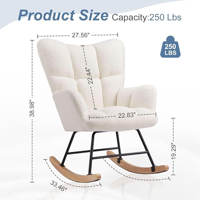 Nursery Rocking Chair, Boho Accent Ottoman, Teddy Upholstered Glider Rocker Accent Chair with High Backrest for Living Room, Small Spaces, Bedroom, Beige