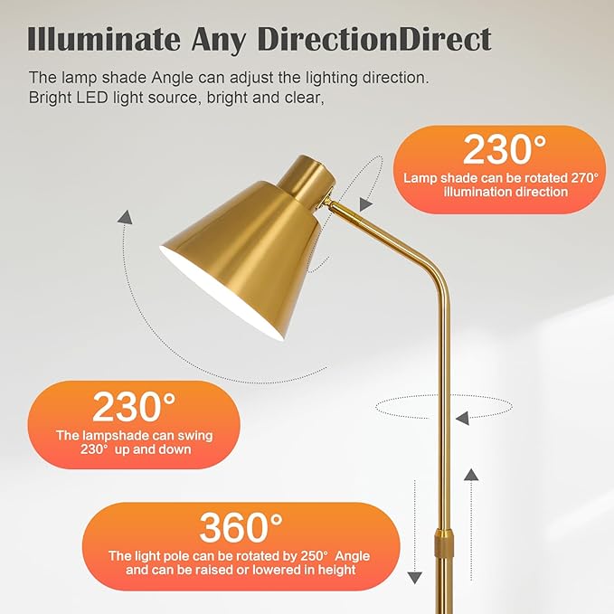 High-end Gold Brass Floor Lamp Bright 12W LED Light, Adjustable in Three Colors and Height, Electroplated Iron Lamp Post,Exquisite Craftsmanship,Standing Lamp for Living Room Bedroom Office Reading