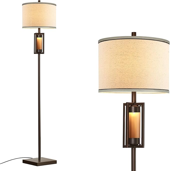 RORIANO 63'' Rustic Floor Lamp for Living Room with 2 Light Sources, Farmhouse Tall Standing Lamp with Amber NightLight, Vintage Lamp for Bedroom Reading Room Office, Bulbs Included (‎Brown)