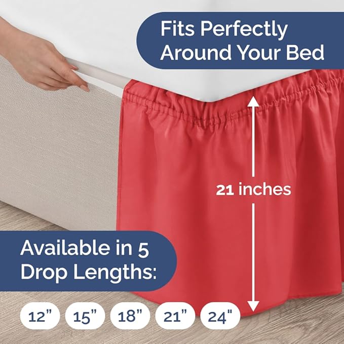 Wrap Around Dust Ruffle Bed Skirt - Red - for Queen Size Beds with 21 Inch Drop - Easy Fit Elastic Strap - Adjustable Pleated Bedskirt w/Brushed Fabric - Wrinkle Free - for Women, Men, Kids & Teens