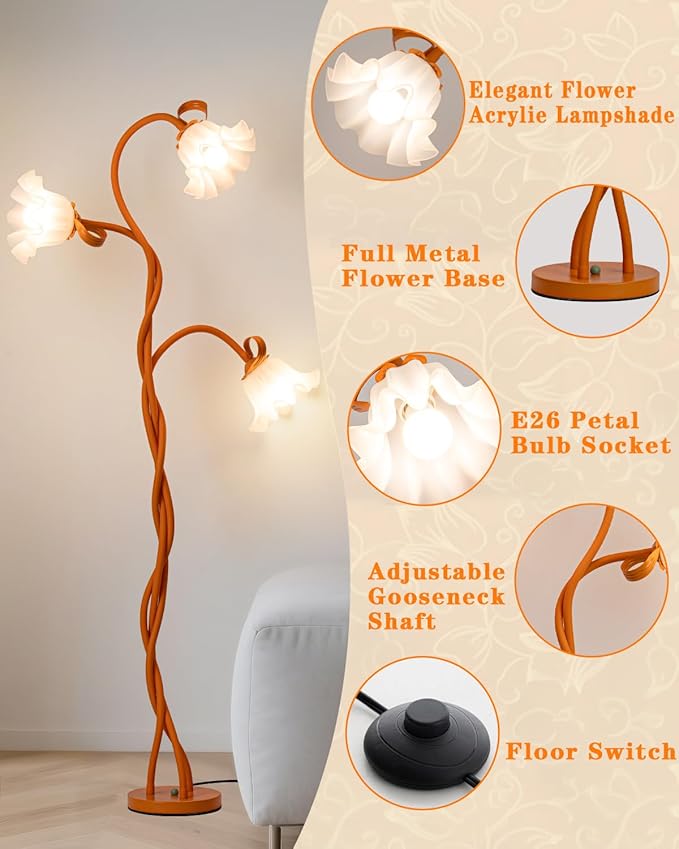 Flower Standing Lamp for Bedroom - 3 Color Temperatures Decorative Flower Tall Floor Reading Lamp with Flexible Neck for Bedroom Living Room Office Corner (Cosmic Orange)