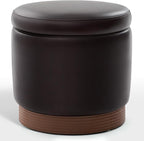 Round Storage Ottoman,Dark Brown Swivel Vanity Stool-Smooth Faux Leather Foot Rest,Footstool Pouf with Sturdy Acacia Wood Frame(500lbs),Hidden Storage Ottoman for Living Room Assembled
