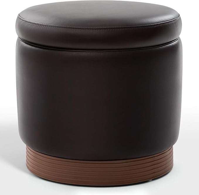 Round Storage Ottoman,Dark Brown Swivel Vanity Stool-Smooth Faux Leather Foot Rest,Footstool Pouf with Sturdy Acacia Wood Frame(500lbs),Hidden Storage Ottoman for Living Room Assembled