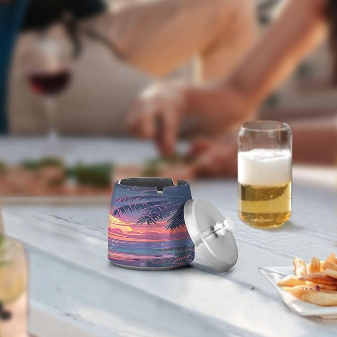 Hawaii Sunset Beach View Ashtray with Lid, Outdoor Ashtrays for Patio, Stainless Steel Ashtray Odorless Smokeless for Home Office Balcony