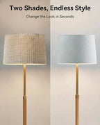 JOOFO Mid-Century Modern Wood Floor Lamp with Dual Fabric Shade, Remote Control, Dimmable & Adjustable Color Temperature, Reading & Living Room Lamp, Easy Clean Cover, Foot Switch,Natural Wood