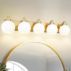 Bathroom Light Fixtures, 5-Light Brushed Gold Bathroom Vanity Lights Over Mirror with Globe Milk White Glass Shade, 32 Inch Modern Vanity Lighting Fixtures, VL195-BG-ML-5