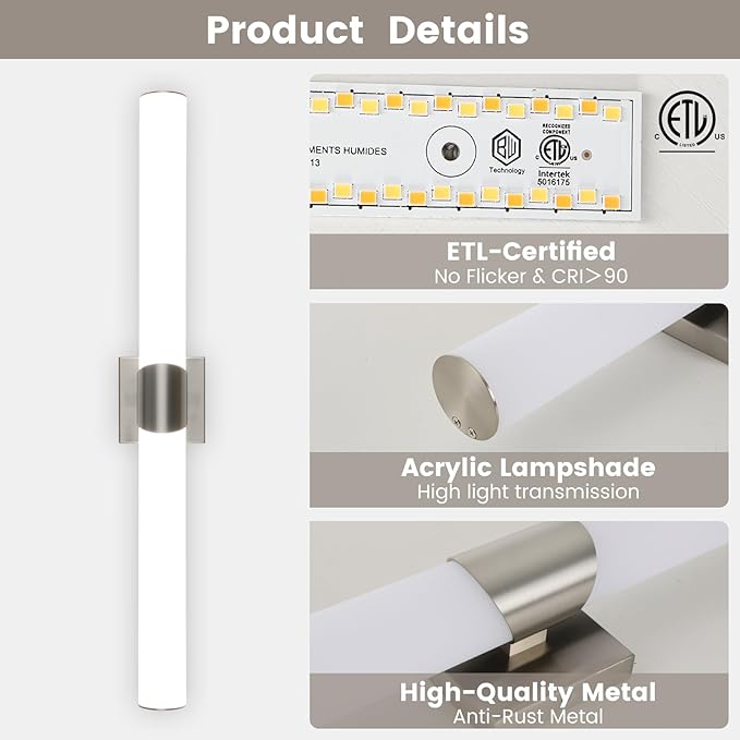 Modern Wall Sconce 30.4 Inch Brushed Nickel Bathroom Sconces Led Wall Lights with Acrylic Shade Hardwired Long Vanity Lighting Fixtures Over Mirror for Bedroom Living Room Hallway