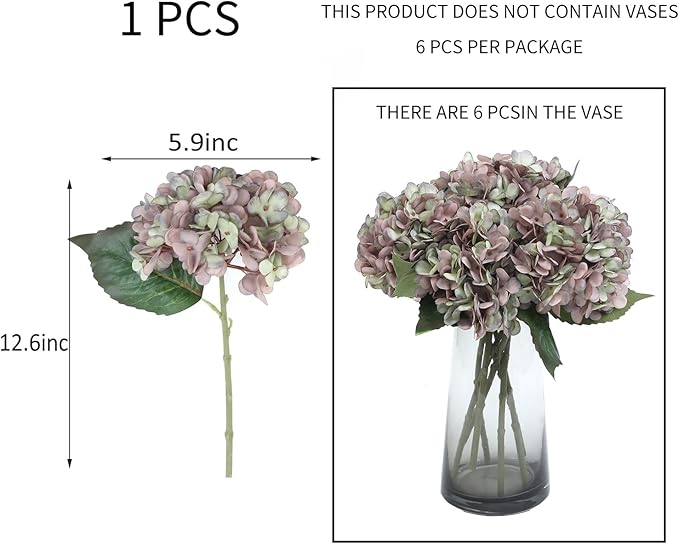 Kimura's Cabin 6pcs Fake Hydrangeas Flowers Vintage Artificial Silk Hydrangea Bouquets with Stems for Wedding Party Home Table Core Decoration (Green Purple, Pack of 6)