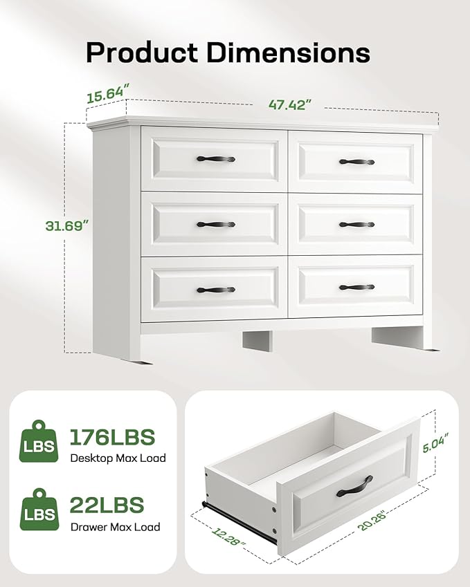 Marsail Farmhouse 6 Drawer Dresser, Wood Chest of Drawers with Natural Texture, Smooth Gliding Drawers, Versatile Storage Organizer Cabinet for Bedroom & Living Room, White