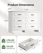 Marsail Farmhouse 6 Drawer Dresser, Wood Chest of Drawers with Natural Texture, Smooth Gliding Drawers, Versatile Storage Organizer Cabinet for Bedroom & Living Room, White