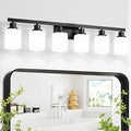 6 Light Bathroom Vanity Light, Modern Matte Black Bathroom Light Fixtures with Square Frosted Glass, Wall Sconces fixtures Over Mirror Restroom,Living Room Hallway E26
