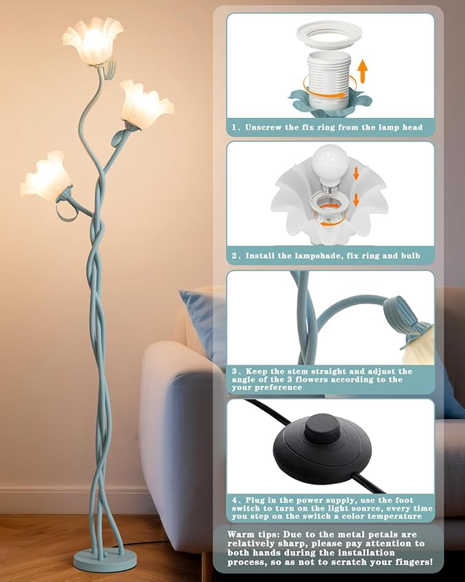 Flower Floor Lamp for Bedroom - 3 Color Temperatures Decorative LED Tall Standing Lamp for Reading with Flexible Neck for Bedroom Living Room Office Corner (Powder Blue)