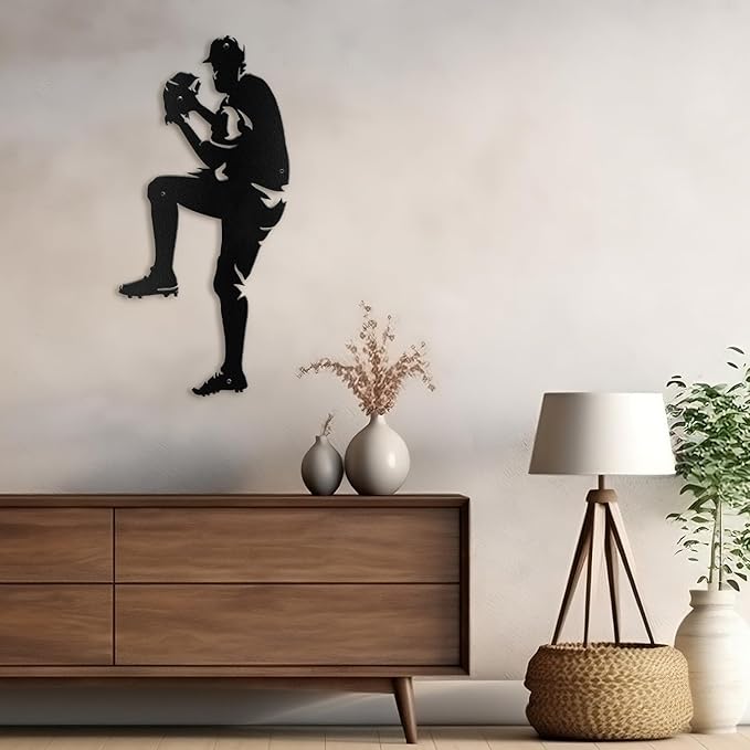 SIGNLEADER Metal Wall Art Decor - Baseball Pitcher Sport Minimalist Modern Abstract Wall Sculpture Hanging Home Decoration for Living Room, Bedroom, Bathroom, Kitchen, Studio, Outdoor - 36" Black
