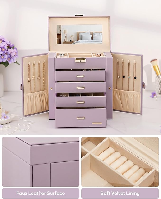 Homde Valentine's Day Gifts Synthetic Leather Huge Jewelry Box Mirrored Watch Organizer Necklace Ring Earring Storage Lockable Gift Case (Grey Purple + Gold)