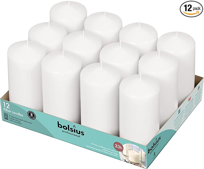 BOLSIUS 12 White Pillar Candles Bulk - 2.3 x 4.7 Inches Unscented Candle Set - 33 Hours Clean Burning - No Palm Oil - 0% Animal Fat - Premium European Quality - Party, & Special Occasion Candles