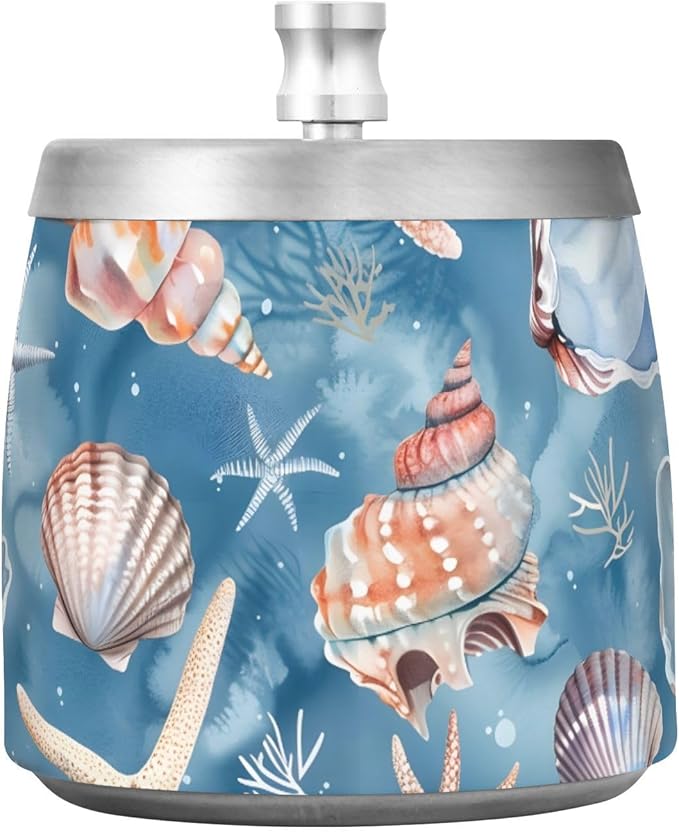 Starfish Coral Blue Ashtray with Lid, Outdoor Ashtrays for Patio, Stainless Steel Ashtray Odorless Smokeless for Home Office Balcony